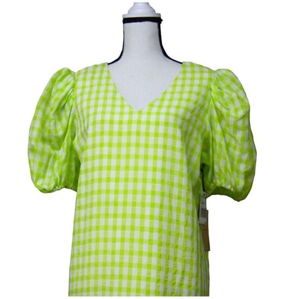 Halogen Puff Sleeve Midi Dress, Lime Green/ White, M - Picture 5 of 11